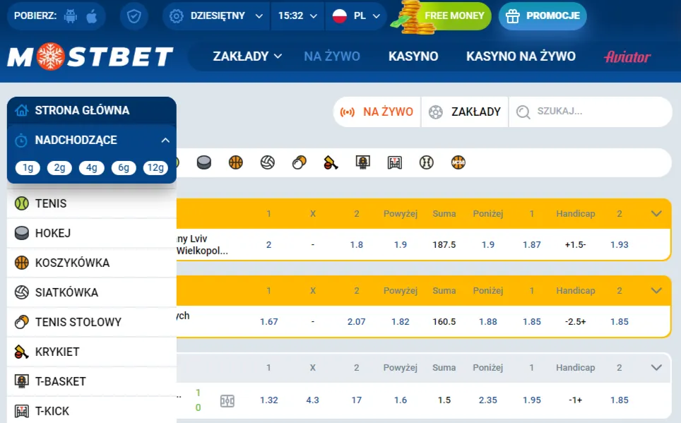 Linia zakładów sportowych w Mostbet w Polsce